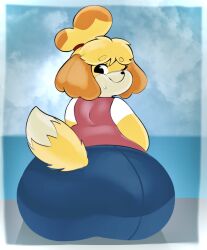 animal_crossing anthro ass big_ass bubble_butt canid canine canis chubby clothed clothing doubutsu_no_mori female fur furry furry_only hi_res huge_ass inazuma_kat isabelle_(animal_crossing) looking_back nintendo shizue_(doubutsu_no_mori) sitting skirt slightly_chubby solo tail wink