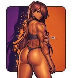 1girls absurd_res artist_logo artist_signature ass back_muscles back_view big_ass black_bra black_panties bra choker collar commission dark-skinned_female dark_skin hi_res holding_arm long_hair looking_at_viewer looking_back looking_over_shoulder muscular muscular_female original original_character panties purple_eyes purple_hair scar shana_lastname_(austonish1) signature solo sweat sweatdrop vj99