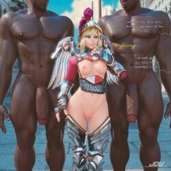 1girls 2boys 3d 3d_(artwork) alternate_costume armor big_dick big_penis blizzard_entertainment blonde_hair blonde_hair_female blue_eyes blue_eyes_female comic dark-skinned_male embarrassed embarrassed_female english english_dialogue english_text female interracial jdv knight knight_helmet light-skinned_female light_skin mercy multiple_boys multiple_penises outside overwatch overwatch_2 overwatch_league partially_clothed pov royal_knight_mercy text trio