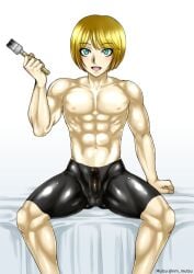 abs aqua_eyes bishonen bishounen blonde_hair bob_cut bodypaint erection green_eyes imai_cosmo kengan_(series) kengan_ashura looking_at_viewer male male_only mosaic_censoring muscular muscular_male mutsu nude paintbrush painted_clothes penis sitting smile solo spread_legs