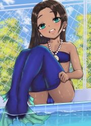 1girls blue_clothing blue_panties blue_tail cameltoe chibi dark-skinned_female dressing_up female female_only flat_chest jpeg mermaid mermaid_costume mermaid_tail mi'ara mi’ara monushi no_breasts original panties pulling_up_dress sitting solo swimming_pool water