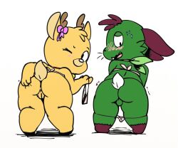 anthro anus ass balls bikini blossom_(bunpatrol) blush brown_ears bun_(bunpatrol) clothing collar deer duo fan_character female fur genitals green_body green_fur hi_res lagomorph leporid lkiws male male/female mammal presenting presenting_hindquarters pussy rabbit ratchetlombax shy spread_butt spreading swimwear