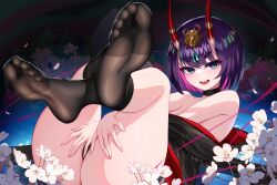 damao_yu fate_(series) feet feet_up horn nylons shuten_douji_(fate) smile solo