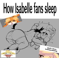 animal_crossing anthro big_ass bubble_butt canid canine canis clothed clothing dork_boi english_text huge_ass isabelle_(animal_crossing) lewd_dorky meme meme_caption nintendo shitpost text