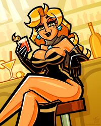 arm_gloves bar big_breasts black_dress black_lipstick cleavage earrings female holding_drink hooksnfangs mixology necklace olphasia_(mixology) orange_hair orange_skin presenting_breasts sitting sitting_on_chair