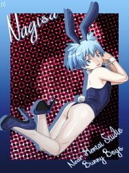 1boy ass ass_focus assassination_classroom blue_hair bunny_boy bunny_ear bunnysuit butt butt_focus clothed_male collar crossed_legs femboy feminine_male fully_clothed gay heavenly_ass high_heels laying_down looking_at_viewer male_focus male_only nearphotison posing presenting seductive shiota_nagisa thick_thighs tight_clothing trap twintails yaoi