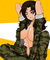 1girls breasts dark-skinned_female el_(girls_und_panzer) female girls_und_panzer jacket moesenyukikaze open_jacket pants pants_open solo_female tagme