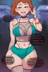 1girls aged_up bimbo booty_shorts breasts brown_eyes brown_hair dialogue english_text female hips huge_breasts light-skinned_female light_skin massive_breasts my_hero_academia navel ochako_uraraka phat_smash rave rave_outfit revealing_clothes short_hair short_shorts shorts slim_waist text thick_thighs thighs thong wide_hips