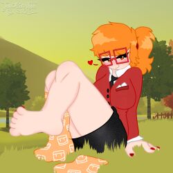 adult adult_only big_breasts black_skirt coach_(recroom) feet feet_fetish foot_fetish footwear grass grass_field heart hi_res highres jackson0666 one_sock orange_eyes orange_hair outdoors outside painted_nails painted_toenails ponytail rec_room rec_room_avatar recroom red_glasses seductive_smile simple_shading skirt socks thick_thighs trees vr vr_avatar wide_hips