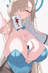 1girls ace_of_spades armpits asuna_(blue_archive) asuna_(bunny)_(blue_archive) asuna_(bunny_girl)_(blue_archive) blue_archive blue_bow blue_bowtie blue_eyes blue_leotard bow bowtie breasts brown_pantyhose card card_between_breasts chikoku cleavage closed_mouth detached_collar female gloves grey_background hair_over_one_eye halo highres huge_breasts large_breasts leotard light-skinned_female light_brown_hair light_skin long_hair looking_at_viewer mole mole_on_breast mouth_hold official_alternate_costume pantyhose peace_sign playboy_bunny playing_card selfie simple_background smile solo sweat v white_background white_gloves