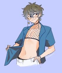 1boy 2022 artist_name artist_signature blush buttznhearts clothing crop_top ear_piercing glasses gloves grey_hair ike_eveland male male_only mesh_clothing mesh_top midriff navel nijisanji nijisanji_en purple_background smile virtual_youtuber white_jeans