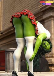 1girls 3d 3d_(artwork) artist_name ass bending_over crop_top dark_green_hair female female_only green-skinned_female green_body green_eyes green_hair green_pussy green_skin high_heels hulk_(series) lewdmonkeyatwork lewdmonkeywork lips long_hair looking_at_viewer marvel marvel_comics muscular_thighs no_panties patreon_username pussy rear_view schoolgirl_uniform she-hulk skirt solo solo_female thigh_socks