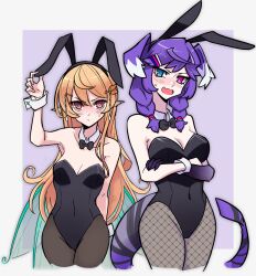 2girls arms_crossed big_breasts blonde_hair blush bowtie bunny_ears bunny_ears_headband cleavage detached_collar dragon_girl dragon_hand dragon_tail duo duo_female duo_focus exposed_shoulders fairy fairy_wings female female_only fishnet_pantyhose fishnets hair_accessory hair_wings hairclip head_wings headband heterochromia legwear matdesenheiro medium_breasts nijisanji nijisanji_en pantyhose pointy_ears pomu_rainpuff purple_hair red_eyes selen_tatsuki sweatdrop twin_braids virtual_youtuber wrist_cuffs yellow_hair