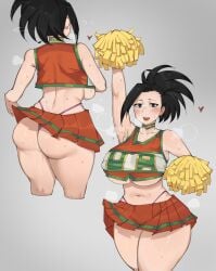 1girls armpits ass black_eyes black_hair blush bobtheneet breasts cheerleader cheerleader_uniform choker crop_top high_ponytail high_waisted_thong huge_ass huge_breasts medium_hair miniskirt momo_yaoyorozu my_hero_academia open_mouth pom_poms ponytail skirt solo sweat thick_thighs thighs thong u.a._cheerleader_outfit underboob wide_hips