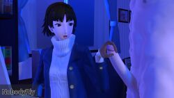 1boy 1girls 3d brown_glove brown_hair glove gloved_handjob handjob indoors light-skinned_female light-skinned_male light_skin looking_at_penis makoto_niijima nobodyrly_(artist) persona persona_5 sfm