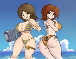 2girls arm_cannon ass beach bikini black_eyes brown_hair cloud dodo-bot female green_eyes large_breasts looking_at_viewer medium_hair mii mii_gunner mii_gunner_(smash_4) mii_gunner_(smash_ultimate) mob_face nintendo partially_submerged side-tie_bikini smile striped_bikini super_smash_bros. super_smash_bros._for_nintendo_3ds_and_wii_u super_smash_bros._ultimate v water wide_hips