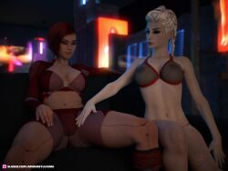 2019 2girls 3d amouretluxure blonde_hair clothed clothing cyberpunk_2077 fanart female female_only indoors large_breasts multiple_girls red_hair sci-fi science_fiction see-through see-through_bra see-through_clothing short_hair yuri