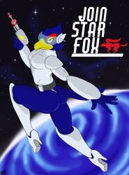 anthro armor ass avian avian_humanoid blue_body blue_feathers english english_text falco_lombardi femboy heels leotard male pizzaozzy_(artist) pose poster poster_boy presenting presenting_ass presenting_butt presenting_pussy solo solo_focus solo_male space space_background star_fox text thong