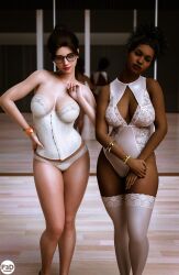 2022 2girls 3d black_hair brown_hair corset dance_studio danette_(flaunts3d) dark-skinned_female dark_skin female female_only flaunts3d glasses hand_on_hip indoors kamie_(flaunts3d) large_breasts lingerie lipstick looking_at_viewer mirror multiple_girls original_character original_characters panties red_lipstick standing white_lingerie white_panties