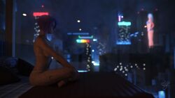 1girls 2019 3d amouretluxure bed bedroom city city_background cityscape cyberpunk_2077 depth_of_field fanart female female_only indoors large_breasts sci-fi science_fiction seated short_hair side_view sitting solo solo_female text window