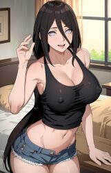 1girls ai_generated boruto:_naruto_next_generations breasts brown_hair curvaceous deinacht erect_nipples hyuuga_hanabi large_breasts midriff nai_diffusion naruto naruto_(series) purple_eyes shorts stable_diffusion tank_top