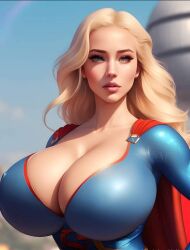 1girls ai_generated big_breasts blonde_hair blue_eyes breasts cape curvy dc dc_comics female female_only huge_breasts kara_zor-el kryptonian light-skinned_female ohshinakai solo stable_diffusion straight_hair supergirl superheroine superman_(series) wide_hips