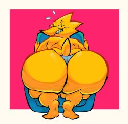 alphys anthro ass beady_eyes big_butt blush bodily_fluids cellulite chair clothed clothing eyewear female flying_sweatdrops foreshortening furniture glasses hi_res huge_butt huge_hips leaning leaning_forward leaning_on_object lizard looking_at_viewer looking_back looking_back_at_viewer love_handles nondelismell overbite overweight overweight_anthro overweight_female presenting presenting_hindquarters rear_view reptile scales scalie sharp_teeth short_tail simple_background skimpy solo sweat sweatdrop tail teeth thick_tail thick_thighs thong topless undertale undertale_(series) underwear wide_hips yellow_body yellow_scales