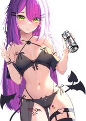 :d alternate_costume ass_visible_through_thighs bad_anatomy bangs beer_can bibi_(tokoyami_towa) bikini black_bikini blush breasts can cat_ear_bikini collar cowboy_shot demon_tail demon_wings detached_wings drink fang female fingernails green_eyes hair_ribbon highres holding holoforce hololive hololive_japan jirai_kei kkato leg_tattoo long_hair looking_at_viewer low_twintails mole mole_on_thigh multicolored_nails nail nail_polish navel off_shoulder piercing pink_nails purple_hair ribbon simple_background skin_fang small_breasts smile solo stomach succubus swept_bangs swimsuit tail tail_ornament tail_piercing tattoo thighhighs tokoyami_towa tokoyami_towaabsurdres twintails v virtual_youtuber white_background wings yellow_nails