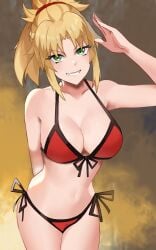 1girls ai_generated big_breasts big_thighs bikini blonde_hair breasts fate/grand_order fate_(series) female female_only green_eyes huge_thighs kisou large_thighs mordred_(fate) mordred_(swimsuit_rider) navel solo solo_female swimsuit thick_thighs thighs voluptuous