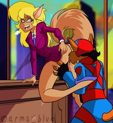 1boy1girl anthro anthro_only blue-moonarms callie_briggs catgirl eating_out eating_pussy female furry glasses high_heels inviting jake_clawson looking_back male panting razor_(swat_kats) skirt_lift swat_kats teasing woman_in_suit