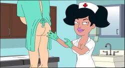 1boy 1girls american_dad asian asian_female ass covering_crotch hospital_gown implied_anal_penetration implied_fingering interracial light-skinned_female light-skinned_male nurse nurse_cap official_art pale-skinned_male patient patient_gown preparation preparing prostate_exam purple_lipstick putting_on_gloves rubber_gloves screencap screenshot tv twintails white_male