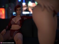 2019 2girls 3d amouretluxure cyberpunk_2077 depth_of_field fanart female female_only indoors large_breasts multiple_girls red_hair sci-fi science_fiction seated short_hair sitting yuri