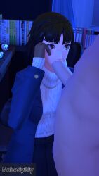 1boy 1girls 3d asian blowjob cum_on_face cute dark_room eye_contact fellatio female fringe kneeling looking_up makoto_niijima male nobodyrly_(artist) oral persona persona_5 sfm shy turtleneck