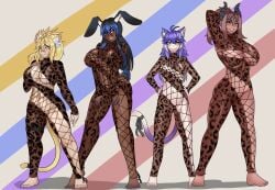 2d 4girls abs alitacosma almost_naked animal_ears balroggy barefoot bell big_breasts black_bunny_ears blonde_hair blue_eyes blue_hair blue_nails blush breasts brown_hair bunny_ears bunny_girl bunny_tail cat_ears cat_tail catgirl choker clevage clothed clothed_female clothing dark-skinned_female dark_skin female hand_on_hip hands_behind_head heterochromia horns huge_breasts indie_virtual_youtuber large_breasts leopard_print light-skinned_female light_skin multiple_girls navel nekomimi no_bra no_panties only_female painted_fingernails painted_nails ponytail posing posing_for_the_viewer purple_eyes purple_hair red_eyes shadow simple_background size_comparison size_difference small_breasts smug standing string_jumpsuit tail thick_thighs thor_chan totless_(vtuber) totlessvr tsuki_kimura tummy underboob virtual_youtuber voluptuous voluptuous_female vrchat white_background whitepulse wide_hips