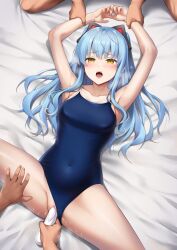 animal_ears ao_no_kiseki armpits arms_up blue_hair blue_one-piece_swimsuit blush breasts censored clothing_aside commission eiyuu_densetsu fake_animal_ears female henria highres long_hair lying medium_breasts mosaic_censoring object_insertion on_back one-piece_swimsuit open_mouth pussy pussy_juice restrained skeb_commission spread_legs swimsuit swimsuit_aside teeth tio_plato upper_teeth_only vaginal_object_insertion vaginal_penetration yellow_eyes zero_no_kiseki