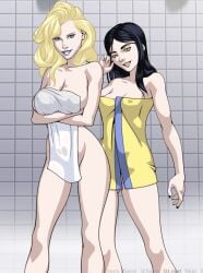 2girls arms_crossed_under_breasts big_breasts blonde_hair blue_eyes breasts brown_hair emma_frost female female_only laura_kinney marvel marvel_comics multiple_girls mutant navel nipple_bulge nipples oni_(artist) rogue-like:evolution_(game) towel wet_towel white_queen x-23 x-men yellow_eyes