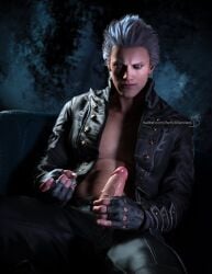 1boy 3d bettybattaglia bettybrenders clothed clothed_male devil_may_cry devil_may_cry_5 erect_penis erection inviting inviting_to_sex male male_only penis_grab penis_out solo solo_male vergil yaoi