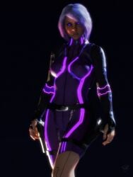 1girls 2019 3d amouretluxure black_background bodysuit clothed clothing female female_only fingerless_gloves gloves glowing_eyes gray_hair grey_hair halley_(amouretluxure) medium_breasts original_character prosthetic purple_eyes sci-fi science_fiction solid_color_background solo solo_female tagme white_hair