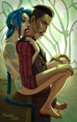 1boy 1girls alternately_painted_toenails arcane_jinx bulge_through_clothing caress caressing_face clothed_male clothed_male_nude_female erection erection_through_clothing erection_under_clothes feet feet_on_bulge incest_(lore) intimate jinx_(league_of_legends) league_of_legends licking licking_neck naked naked_female nickeronic open_mouth romantic seductive sensual silco_(arcane) soft toes tongue_out two_colored_toenails