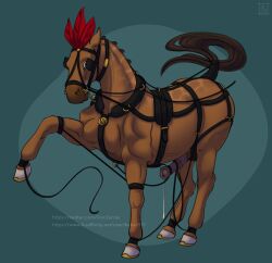 2022 animal_genitalia animal_penis ankle_cuffs balls bit_gag blinders blue_eyes bodily_fluids bondage bondage bound bridle brown_body brown_hair brown_mane brown_tail collar cuff_(restraint) cum cum_drip digital_media_(artwork) dolero dripping equid equine equine_genitalia equine_penis erection eyewear feathers feral gag genital_fluids genitals hair harness hi_res hooves horse horseshoe kukan97 male mammal mane penis raised_leg raised_tail restraints simple_background solo tail tail_wraps text url wraps