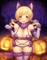 animal_ears blonde_hair blush breasts cosplay crossover drill_hair elbow_gloves female fur_trim gloves halloween_costume human human_only jack-o'-lantern kazabuki_poni large_breasts looking_at_viewer mahou_shoujo_madoka_magica mash_kyrielight mash_kyrielight_(dangerous_beast) mash_kyrielight_(dangerous_beast)_(cosplay) night official_alternate_costume puella_magi_madoka_magica revealing_clothes solo solo_female tail thighhighs tomoe_mami twin_drills wavy_mouth wolf_ears wolf_tail yellow_eyes yellow_eyes_female