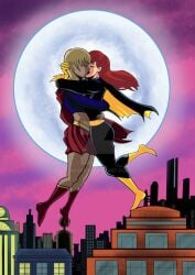 2girls ass barbara_gordon batgirl batman_(series) big_ass blonde_hair boots cape curvaceous curvy curvy_female curvy_figure dc dc_comics dcau duo female female/female female_only flying gloves hug kara_in-ze kara_zor-el kissing light-skinned_female nic011 red_hair skirt straight_hair supergirl superheroine superman_(series) thick_thighs thighs wide_hips yuri