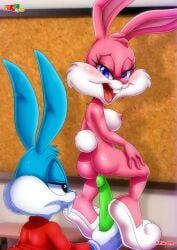 1boy 1girls anthro anus ass babs_bunny bbmbbf blush breasts buster_bunny dildo female fur34 lagomorph male male/female nude open_mouth palcomix rabbit sex_toy teeth tiny_toon_adventures tongue warner_brothers