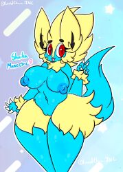 anthro big_breasts blonde_hair blue_body breasts claws eyebrows female fur generation_3_pokemon genitals gesture hair hi_res lewdchuu_(artist) manectric navel nintendo pokemon pokemon_(species) pussy red_eyes solo v_sign yellow_body yellow_fur