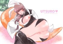 adapted_costume anal_juice anus big_breasts blush bodily_fluids breasts_out brown_hair bunny_ears bunny_girl bunny_tail carrot cleavage female female_only genderswap_(mtf) gintama hi_res japanese_clothes light_brown_hair long_hair low-tied_long_hair mtsjoy4 no_bra no_panties on_side pussy pussy_juice pussy_juice_drip red_eyes rule_63 solo tears tied_hair uncensored utsuro_(gintama) wet_pussy wide_hips