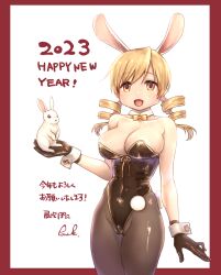 2023 animal animal_ears black_gloves black_leotard blonde_hair bow bowtie bunny bunny_ears bunny_girl bunny_tail bunnysuit chinese_zodiac collarbone covered_navel cowboy_shot detached_collar drill_hair fake_animal_ears fake_tail female gloves happy_new_year highleg highleg_leotard highres holding holding_animal kazabuki_poni leotard mahou_shoujo_madoka_magica new_year playboy_bunny puella_magi_madoka_magica rabbit rabbit_ears rabbit_tail standing strapless strapless_leotard tail tomoe_mami traditional_bowtie twin_drills white_rabbit_(animal) wrist_cuffs year_of_the_rabbit yellow_bow yellow_bowtie yellow_eyes