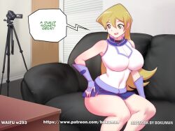 alexis_rhodes big_breasts bokuman camera casting_couch clothed clothing female filmed imminent_sex making_a_porno pornography school_uniform short_skirt thick_thighs yu-gi-oh! yu-gi-oh!_gx