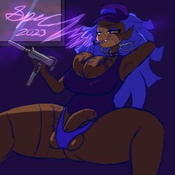 1futa 2023 arm_up armpit balls big_breasts big_penis blue_eyes breasts casual clothed clothing dark-skinned_futanari dark_skin earrings eeda_(specnsfw) erection fang fangs firearm futa_only futanari gun handgun hat human humanoid humanoid_penis partially_clothed penis pointy_ears solo solo_futa specnsfw spiked_collar spread_legs squish suppressor tattoo tattoos thick_thighs weapon