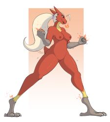 anthro blaziken blonde_hair breasts feathers female fire generation_3_pokemon genitals hair hi_res long_legs milodesty nintendo nipples nude pokemon pokemon_(species) ponytail pose pussy red_body red_feathers simple_background solo talons yellow_body yellow_feathers