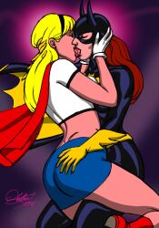 2girls ass ass_grab barbara_gordon batgirl batman_(series) big_ass blonde blonde_hair boots dat_ass dc dc_comics dcau duo female female/female female_only french_kiss french_kissing gloves headband human human_only kara_zor-el kaywest kryptonian light-skinned_female light_skin passionate passionate_kiss red_hair redhead skirt supergirl superheroine superman_(series) thick thick_ass thick_thighs tongue tongue_kiss yuri